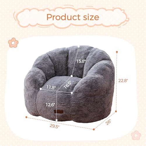 Image of MAXYOYO Kids Bean Bag Chair, Floral Shaped Bean Bag Sofa, Plush Faux Fur Toddler Couch with Petal Backrest for Boys Girls, Stuffed Cozy Sofa for Nursery, Bedroom, Grey