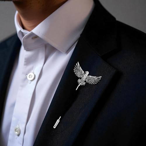 Image of Mahi Premium Silver Eagle-Shaped Mens Brooch Lapel Pin with Antique Rhodium Plating for Coat, Blazer, Jodhpuri (BP1101245R)