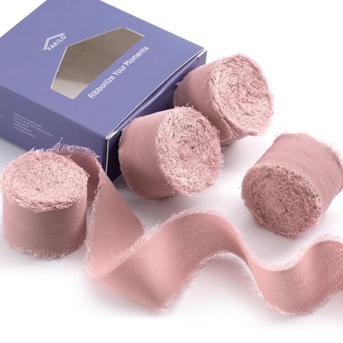 FAKILO Fita de gaze com franjas feita à mão, 4 rolos, 2,5 cm x 5 jardas, fita rosa blush, fita de seda de gaze de 20 jardas para convites de casamento