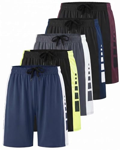 Image of Real Essentials 5 Pack: Boys' Dry Fit Basketball Shorts for Youth Kids Teens - Athletic Running Soccer Sports with Pockets