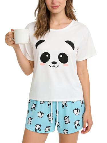 VENTELAN Pajama Women Cute Animal Sleep Tee Shirt Shorts Set Summer Sleepwear White-green