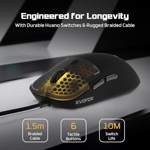 Image of EvoFox Phantom Air Ultra Lightweight Gaming Mouse 54g | Upto 1000Hz Polling Rate, 7000 FPS, 12800 DPI | Honeycomb RGB Lighting | Fully Programmable with Windows Software & On-Board Memory | Black