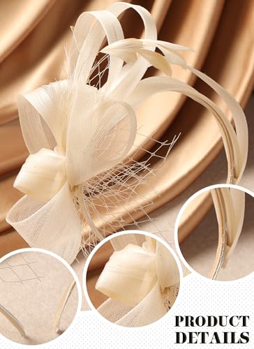 Zinniday Champagne Feather Fascinator Headband - 2026 Elegant Victoria Derby Fascinators Attire Headwear with Hairpin, 1920s Kentucky Tea Party Hats for Women Cocktail Church Ball Hair Accessories