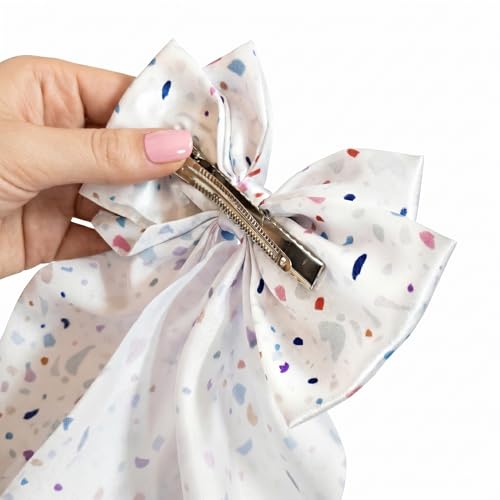 Image of Radhu & Kabby Printed Hair Bow Clip for Women | Cute Long Tail Fabric Bow Ponytail Holder | Stylish Everyday Casual Fashion Accessory | Pack of 1
