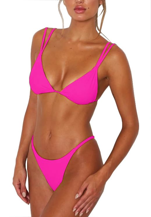 Image of Women's Sexy Thong Bottom Two Piece Bikini Double Shoulder Straps Cute Swimsuit Triangle Bathing Suit