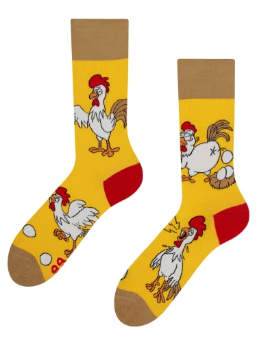 Dedoles Socken Unisex Damen Herren & Kinder Baumwolle viele lustige Designs 1 Paar Geschenk links rechts verschieden Farbe Gelb Motiv Huhn oder Ei Gr. 43-46