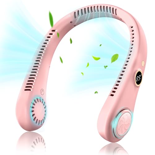 Ventilador de Cuello, Ventilador Portátil de Cuello, USB Portatil Pequeño Ventilador Cuello,Mini Ventilador de Cuello Colgante Sin Hojas con 5 Velocidades para Viajes Deporte Oficina Hogar (Rosa)