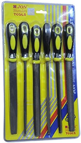 Jon Bhandari Tools 6-Piece Assorted File Set with Handle (8 Inch) | Flat, Round, Half-Round, Triangular, Square & Rasp Files for Wood, Metal, DIY & Carpentry