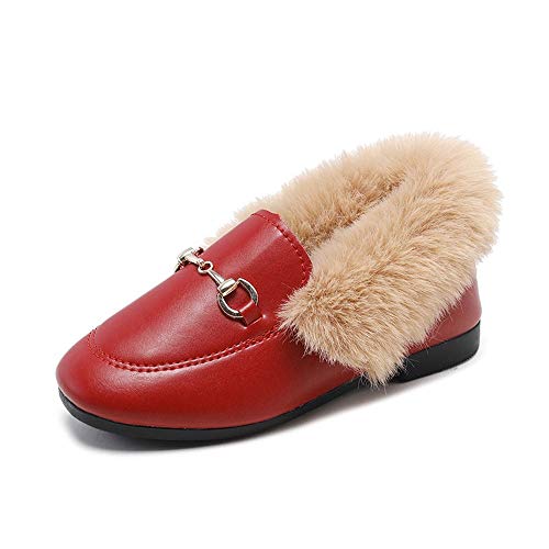 TangDao Toddler Little Big Kids Boat Dress Shoes Soft Slip-on Flats Shoes with Fur Girls Boys Comfort Loafers Leather Warm Dress Shoes for Girls