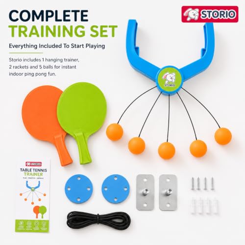 Image of Storio Hanging Table Tennis Trainer, Door Mounted Ping Pong Training Set with 2 Rackets and 5 Balls, Indoor Reflex Training Toy for Boys and Girls Age 5-14 Years