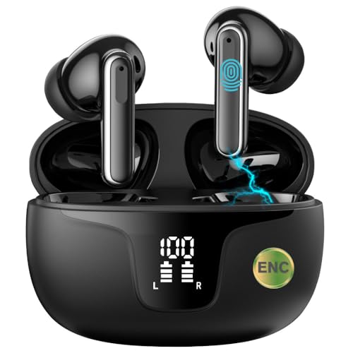 ePalZoneXP Wireless Earbuds Bluetooth 5.3 Headphones with 4 Noise Cancelling Mics, ANC ENC, HiFi Stereo Sound, LED Power Display, 40H Playtime – True Wireless Earphones UK (ENC Only, Black)