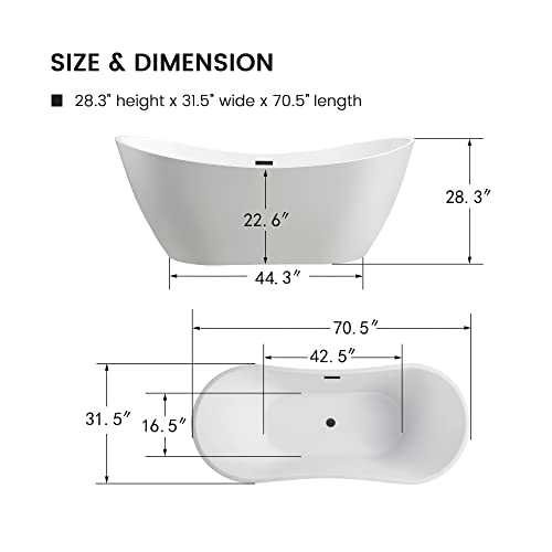 Vanity Art 71" X 32" Freestanding Bathtub | Home Improvement Bathtubs With Contemporary Design For Soaking And Bathing, Overflow And Pop-Up Drain With Upc Certified, Acrylic, Va6517-Orb #TOP7