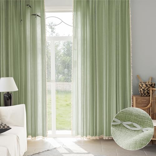 BTTN 52x84 Boho Striped Linen 2 Panel Set Window Curtain Drapes, Sage Green