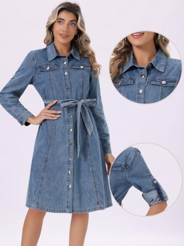 Image of Allegra K Denim Dress for Women's Long Sleeve Button Down A-Line Belted Classic Jean Dresses