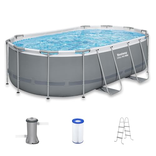 Bestway Steel Pro MAX 14' x 8'2' x 39.5' Oval Above Ground Swimming Pool Set, 530 GPH Filter Pump, Ladder, Tritech Puncture Resistant Liner, ClickConnect Steel Frame, Gray