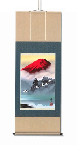 真紅に染まる赤富士、飛翔する鶴の群れ ■鈴村秀山 掛軸 「赤富士飛翔」