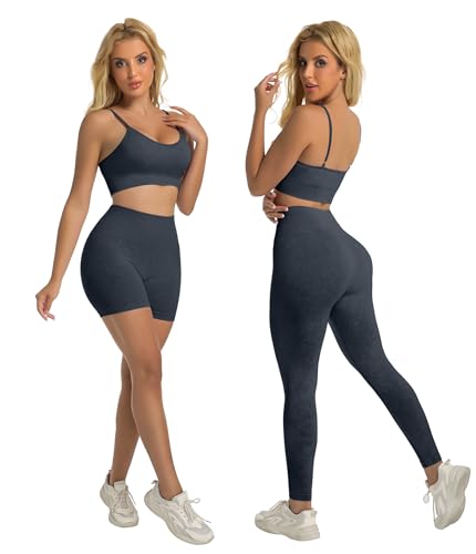 YOAKUKA Women's 4 Piece Workout Sets Seamless Acid Wash Tops Sports Bra High Waist Shorts Leggings Active Set3