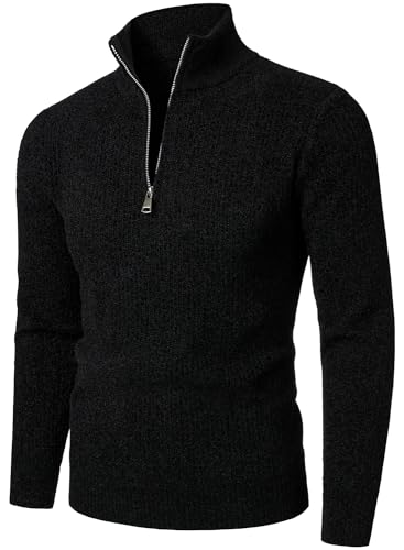 HOOD CREW Men’s 1/4 Zip Jumper Long Sleeve Warm Sweater Soft Cozy Knitwear Pullover Black