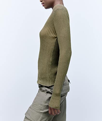 Image of KAMISSY Women See Through Crew Neck Sheer Mesh Knitted Sweater Solid Basic Long Sleeve Loose Fit Knit Pullover Jumper Top