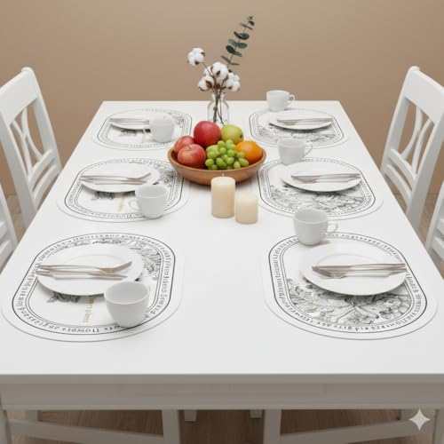 Image of Yelona White Oval Leather Placemats | Vintage Floral Design, Waterproof, Stain Resistant | Stylish Leather Dining Table Mats (Tulip Charm, Pack of 6)
