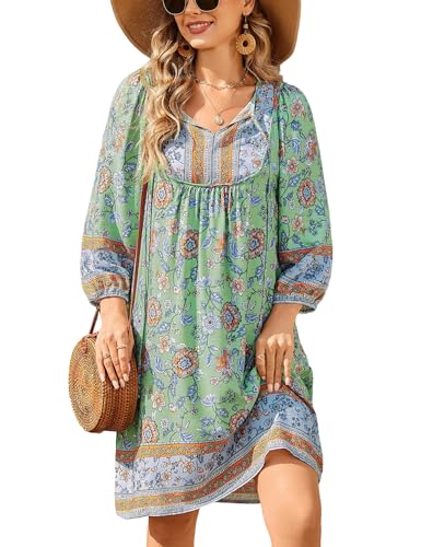Image of Bluetime Women Casual Summer Dress Boho V Neck 3 /4 Sleeve Babydoll Floral Print Flowy Beach Dress