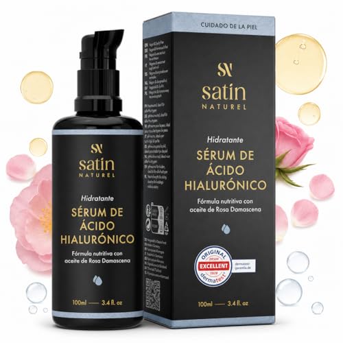 Satin Naturel Sérum de Ácido Hialurónico Alta Eficacia 100 ml - Sérum Facial Bio con Ácido Hialurónico - Sérum Hidratante Antiedad - Vegano - Hidratación 24 h - Cuidado Facial para Mujeres y Hombres