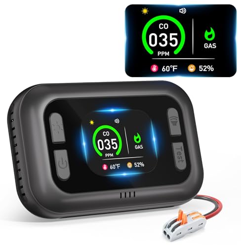 Carbon Monoxide Detector, 4 in 1 RV Carbon Monoxide & Propane Gas Detector, 12V DC Supply & HD Colorful Display & 360° Rotatable Screen, CO/LPG Gas Leak Alarm for RV, Motorhome, Camper, Trailer, Black