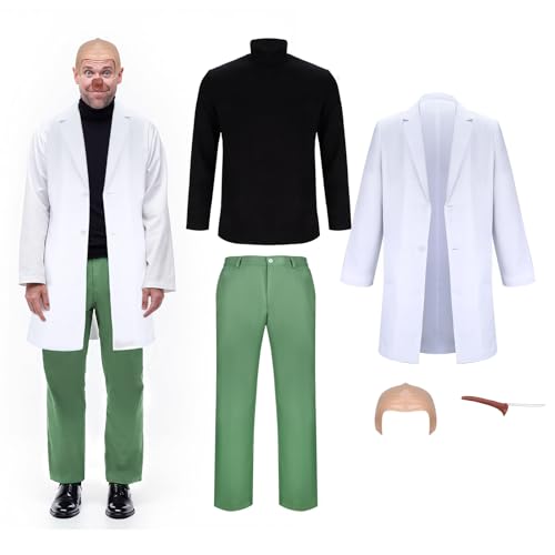 Agecika Men Dr Doofenshmirtz Costume Evil Scientist Shirt Jacket Pants Halloween Cosplay Outfit with Fake Nose Bald Cap (Medium)