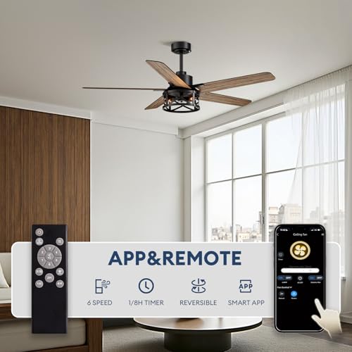 Image of 52 Inch Ceiling Fans with Lights and Remote Control, Low Profile Farmhouse Ceiling Fan for Bedroom Living Room and Patio, Black Caged Ceiling Fan for Indoor and Outdoor(NO BULBS)
