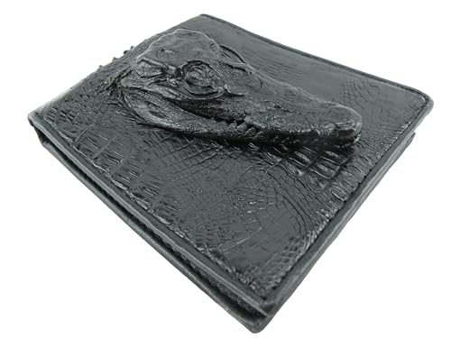 Genuine Crocodile Alligator with Head Skin Leather Bifold Wallet ([B1] - 6 Cards Slot + 2 ID Windows + 2 Compartment for Bills, Black)