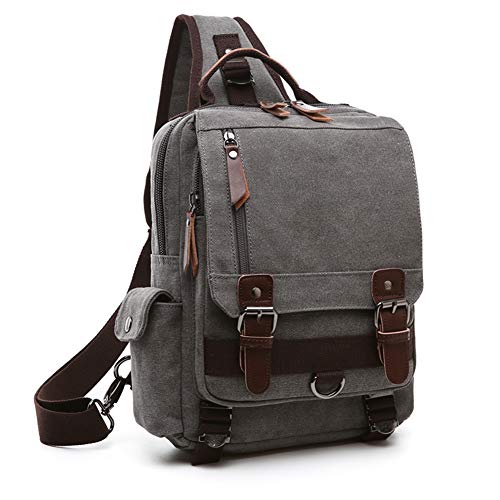 Retro Messenger Bag Canvas Shoulder Backpack Travel Rucksack Sling Bag Carrying Cases (Grey)