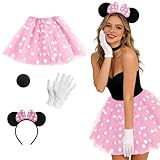 GothicBride Damen Maus Mouse Kostüm Rot Tutu mit weiß Gepunktet Haarreifen mit Maus Ohren Handschuhe Nase für Karneval Cosplay party (Rosa)