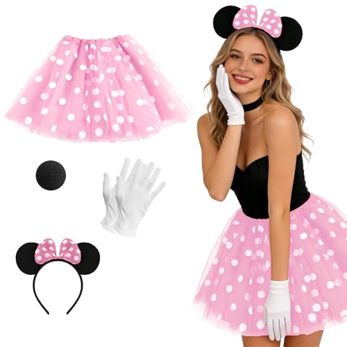 GothicBride Damen Maus Mouse Kostüm Rot Tutu mit weiß Gepunktet Haarreifen mit Maus Ohren Handschuhe Nase für Karneval Cosplay party (Rosa)