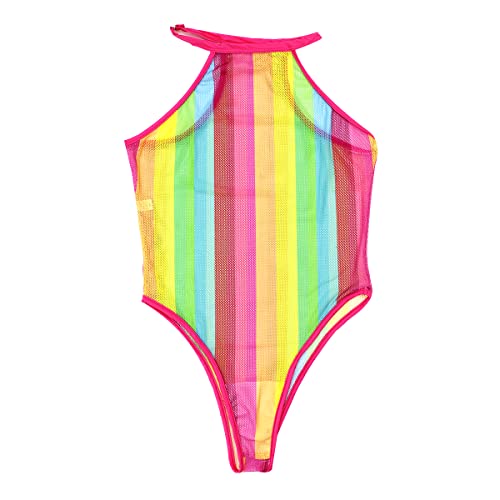 Women Rave Rainbow Striped Push Up Swimsuit Bikini See Through Mesh Bodysuit Beachwear for Dance Festivals4