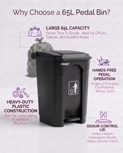 Image of pedal dustbin with lid, heavy duty plastic garbage bin, hands-free step-on waste bin for kitchen, office, home, hotel, bathroom & outdoor use (Jet Black, 65 Liters)
