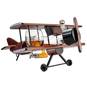 Whiskey & Wine Decanter Airplane Set and Glasses Antique Wood Airplane – Whiskey Gift Set and 2 Airplane Glasses, Gift Ideas for Dad Men, Pilot Moving Parts- Alcohol Related Gift, BAR DECOR Large 21″