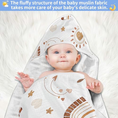 Image of Burbuja Boho Rainbow Baby Bath Towel - Soft Absorbent Muslin Cotton Hooded Towel for Newborn Infant Toddler, 30x30 in