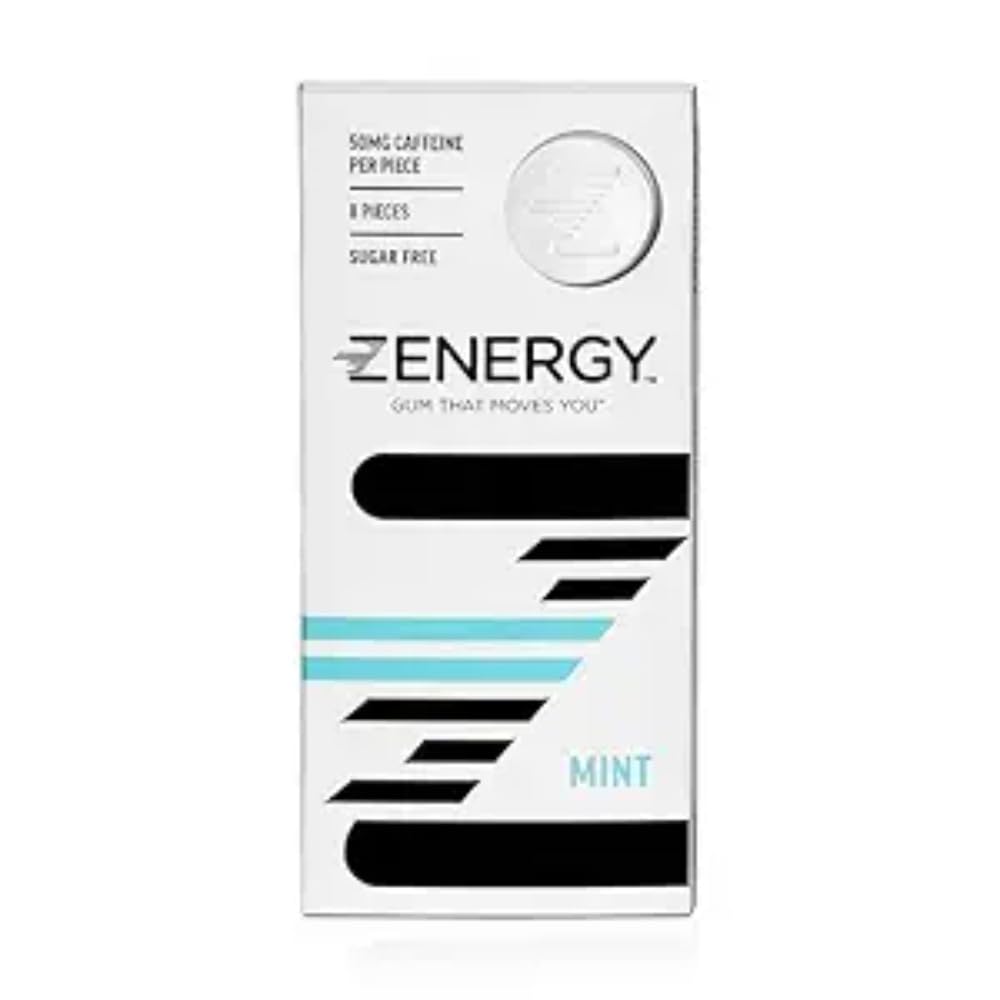 ZENERGY Energy Gum - Mint Flavor | 50mg Caffeine + 35% B6 and 45% B12 Vitamin | Vegan, 0 Sugar, 0 Calories, 0 Gluten, 0 Aspartame, Non-GMO, Instant Action | 1 Pack = 8 Count