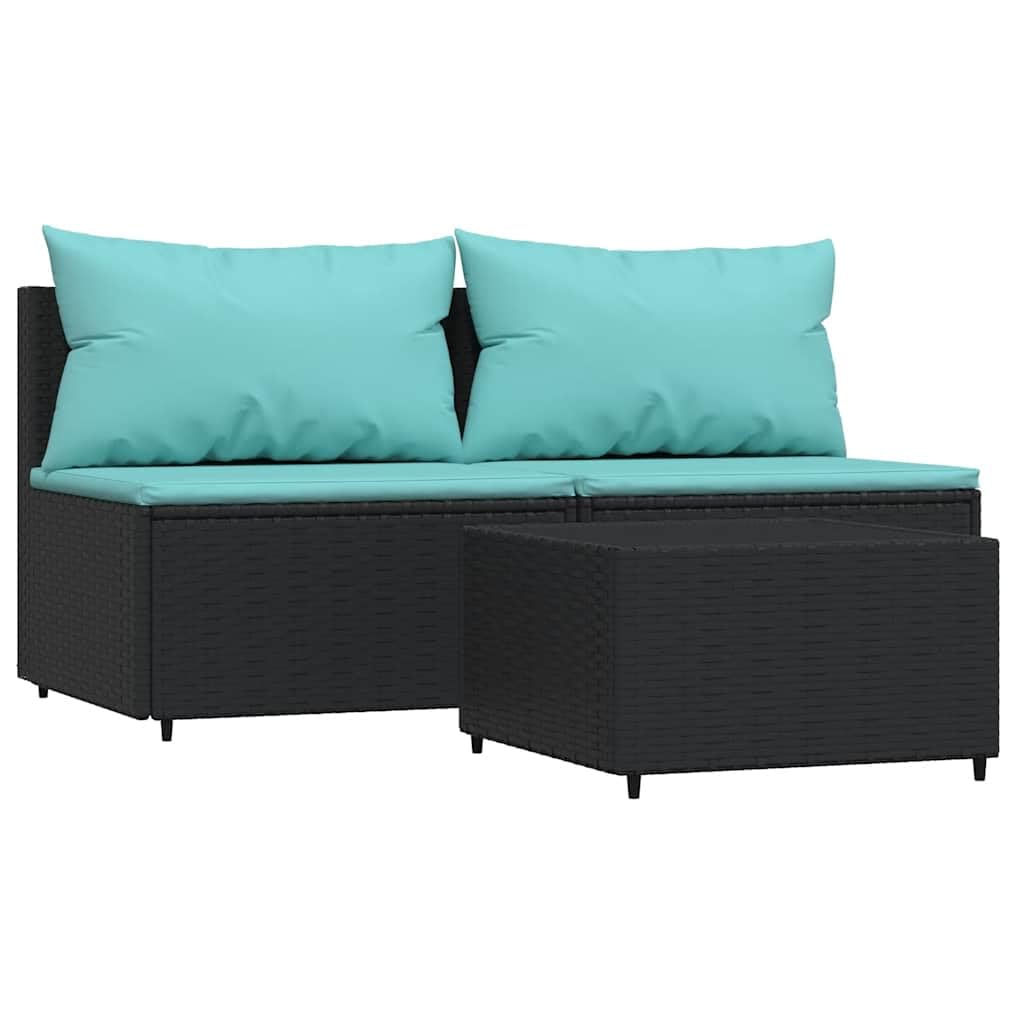 Salon de jardin 3 pcs résine tressée noire avec coussins et sièges de jardin