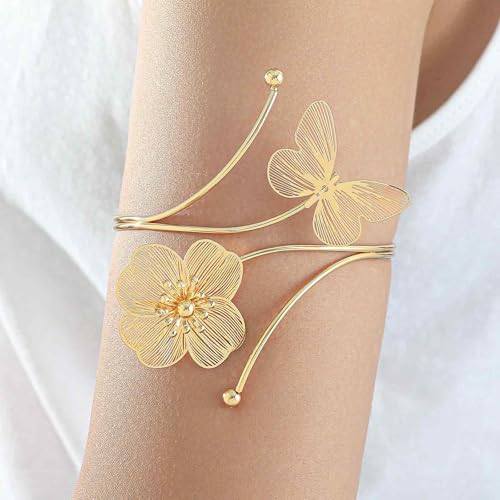 Image of Arm Cuff Jewellery for Women, Floral Armlet with Butterfly Design, Elegant Arm Bracelet for Weddings and Usually Occasions (Golden)