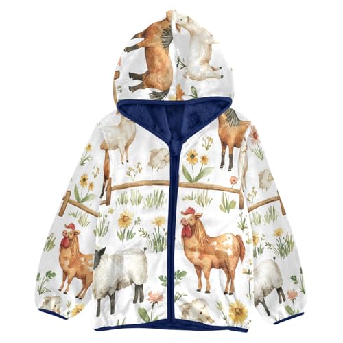 Farm Animals with Flowers Toddler Fleece Jacket Girl Boys Hooded Fleece Jacket Coat Warm Outwear Zip-up 3-10T