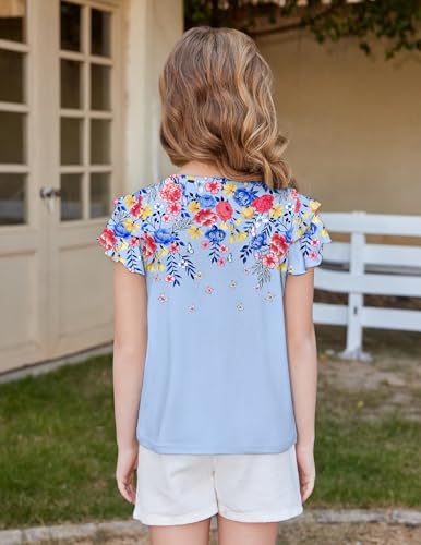 Image of Arshiner Girls T Shirts Ruffle Short Sleeve Summer Pleated Crewneck Casual Tops Tees Blouses