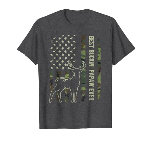 Best Buckin' Papaw Camo American Flag Deer Hunting Gift T-Shirt, Men, Dark Heather Grey, Large