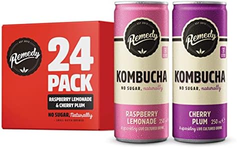 Remedy Kombucha Tea - Raspberry Lemonade & Cherry Plum - Sparkling Live Cultured Drink - Naturally Sugar Free Soft Drink - Prime Probiotic Drink for Gut Health - 24 x 250ml