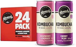Remedy Kombucha Tea - Raspberry Lemonade & Cherry Plum - Sparkling Live Cultured Drink - Naturally Sugar Free Soft Drink - Prime Probiotic Drink for Gut Health - 24 x 250ml