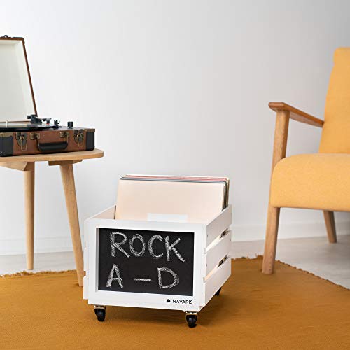 Navaris Caja para discos de vinilo - Mueble de madera con ruedas porta vinilos - Estilo vintage con pizarra para anotar - Soporte de almacenaje blanco - imagen 2