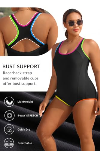 Image of Plus Size One Piece Swimsuits for Women Athletic Tummy Control Bathing Suit | Scoop Neck, Racerback, Wide Straps, Removable Cups, Full Coverage, Full lining