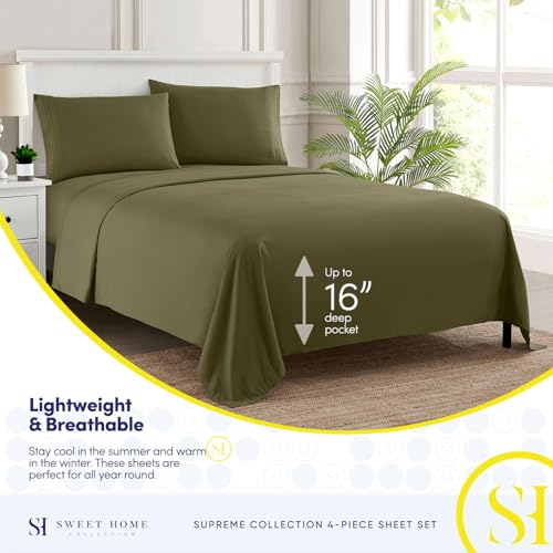 Queen Size Bed Sheets - Breathable Luxury Sheets with Full Elastic & Secure Corner Straps Built In - 1800 Supreme Collection Extra Soft Deep Pocket Bedding Set, Sheet Set, Queen, Olive