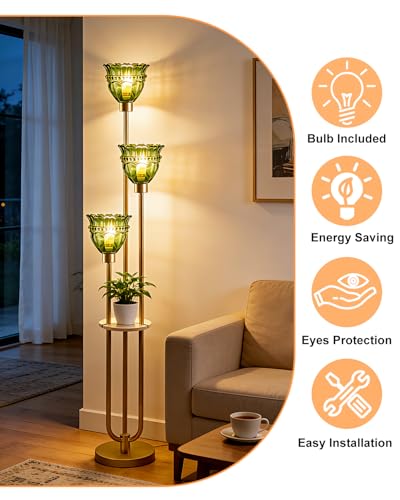 Image of Lightdot 3-Lights Glass Floor Lamp for Living Room Modern Gold Floor Lamp with Green Glass Shade 3000K Bulbs Included Tall Standing Lamp with 5Lb Heavy Base for Bedroom /Sofa Corner Decor-Foot Switch