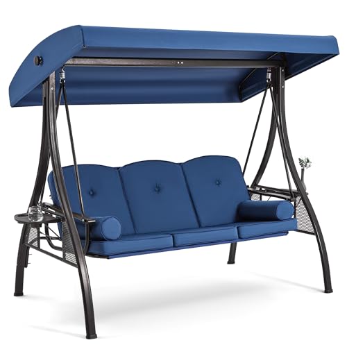 Image of HOMREST 3 Seat Outdoor Porch Swing with 1.5 inch Deepened Cup Holder, Adjustable Canopy, Patio Swing Bed with Stand, Patio Glider Swing with Thicken Cushions, Pillow for Yard, Garden(Blue)